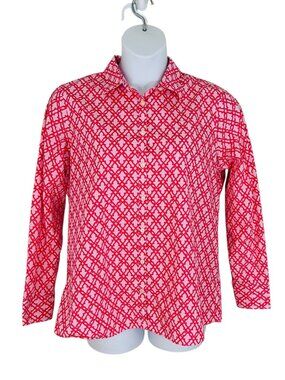 Lands' End Women's Tall Sz 18T No Iron Supima Cotton Geo Print Pink White Shirt